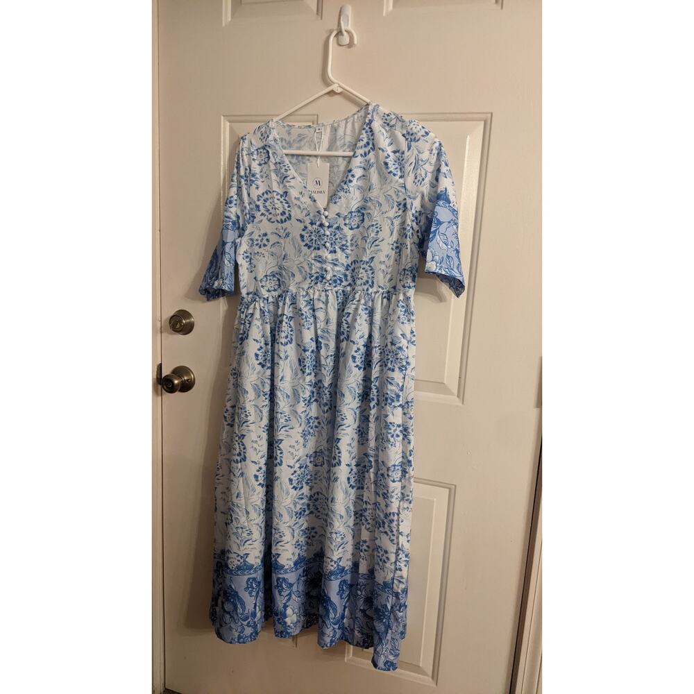 Maldila Blue and White Floral Summer Dress Small, Milkmaid, Cottage, Classic